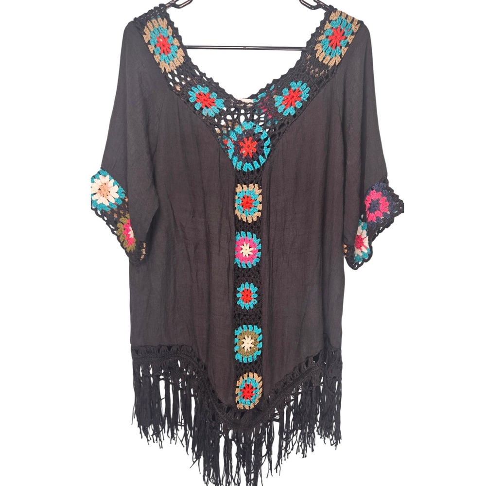 Dasayo Black Boho Crochet Granny Square Fringe Tunic Top One Size Festival Retro